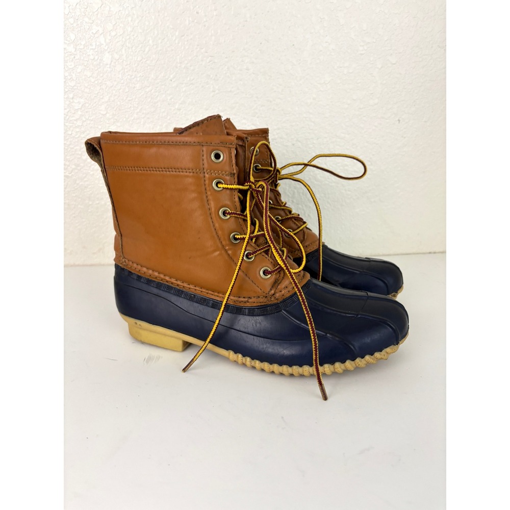 Duck Boots Women's Size 9 Brown Leather Navy Rubber Lace-Up Rain Boots